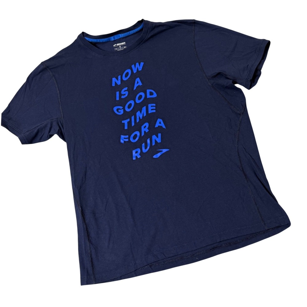 Brooks Mens Running T-Shirt Small Navy Blue Graphic Run Happy Short Sleeve Tee